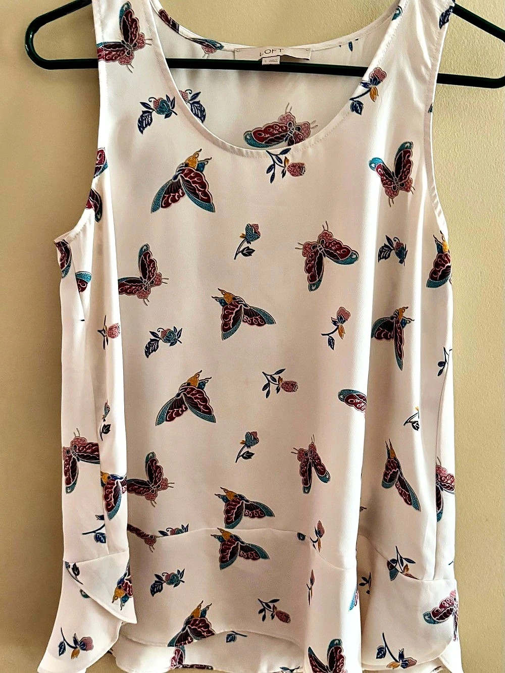 LOFT White Butterfly Print Sleeveless Ruffle Hem Blouse - Size S